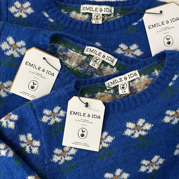 NWT Emile et Ida girls Floral Blue And White Daisy sweater - Picture 4 of 4
